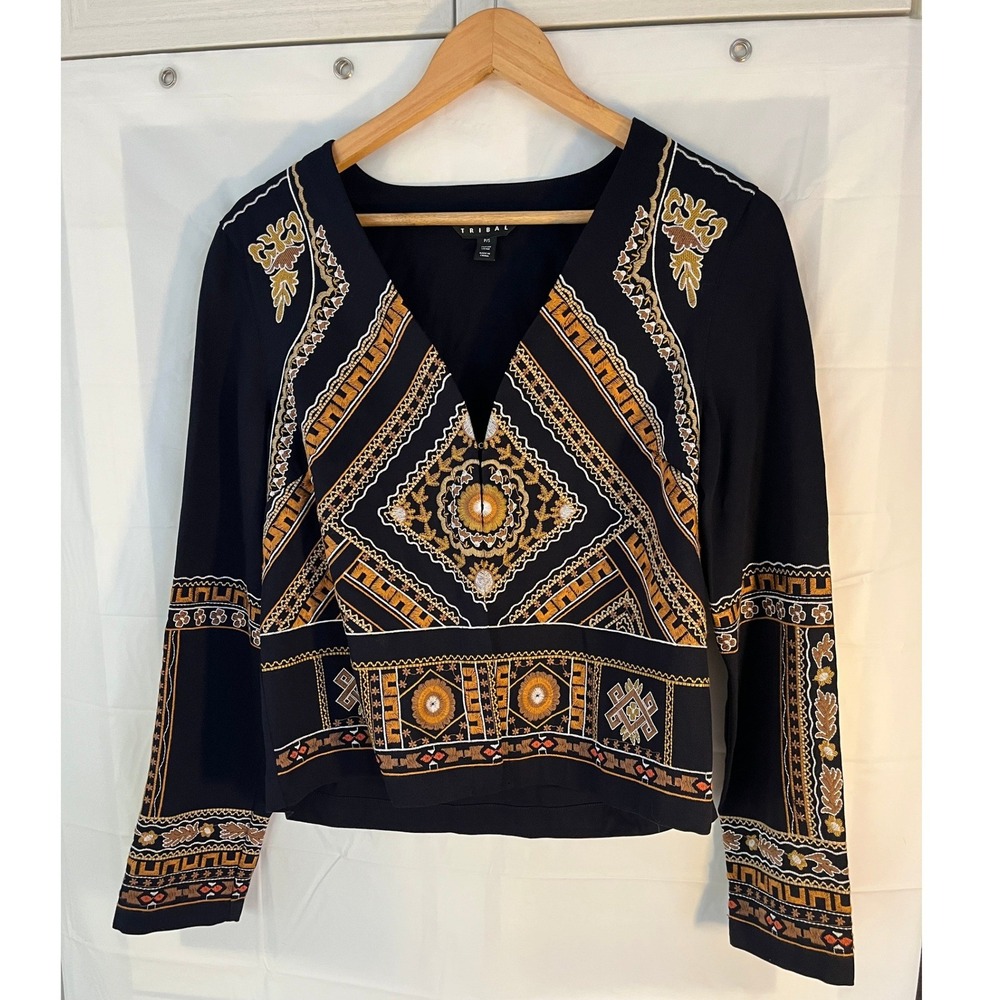 Tribal Black Embroidered V-Neck Long Sleeve Boho Jacket
